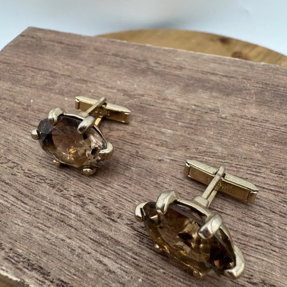 Vintage Swank Smoky Quartz Checkerboard Faceted Gold Tone Cufflinks